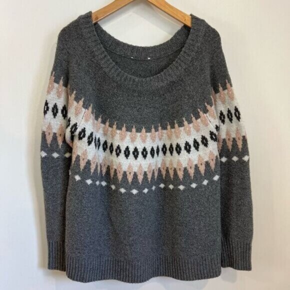 Tribal Jeans Womens Large Grey Pink Fair Isle Pullover Scoop Neck Sweater - Picture 1 of 9